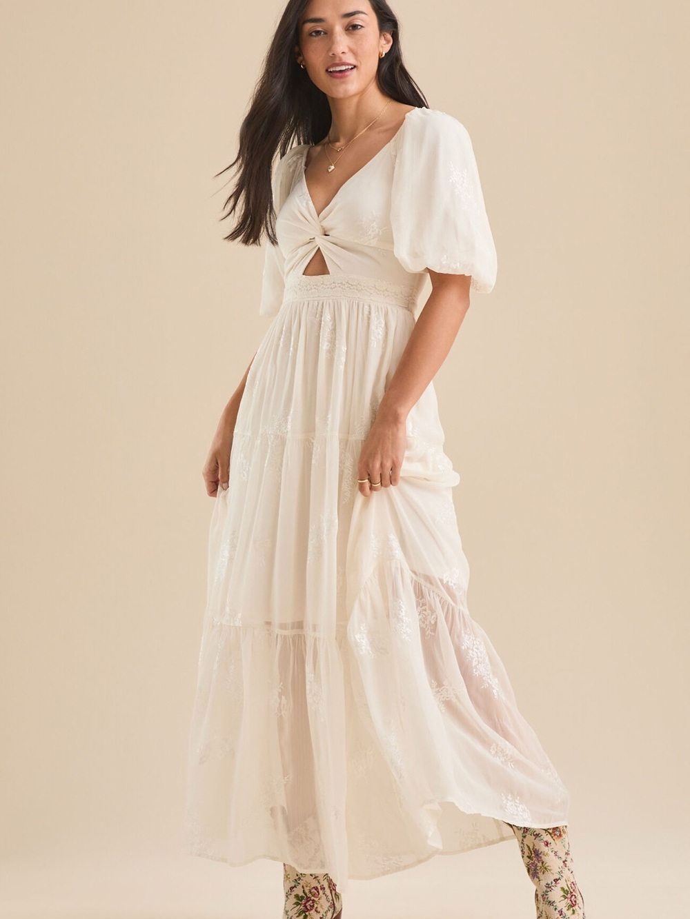 Altar'd State Cream Puff-Sleeve Maxi with Knot Front